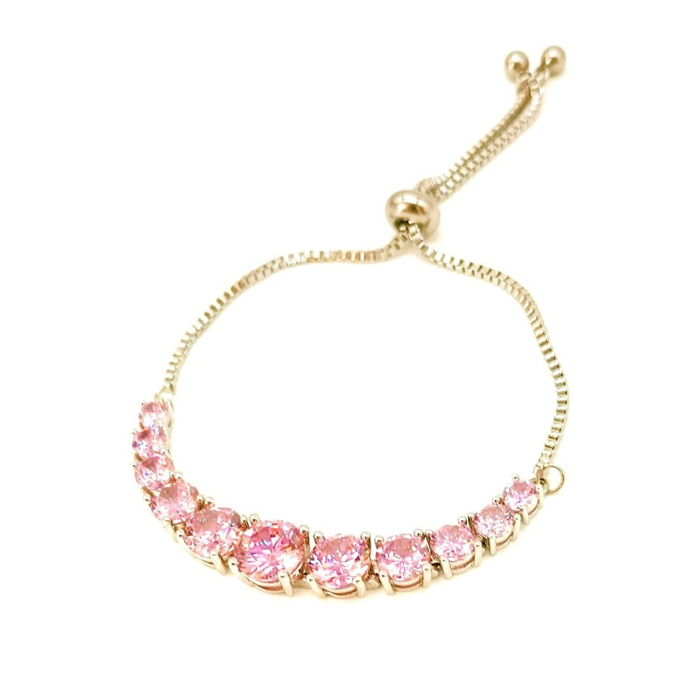 Pink Crystal Slider Tennis Bracelet. Adjustable Silver Tone Spring Jewelry